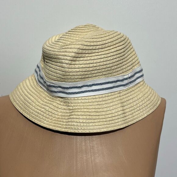 Caribbean Joe Kids Beige Woven Straw Stripe Band Bucket Sun Hat One Size NWT - Picture 1 of 5